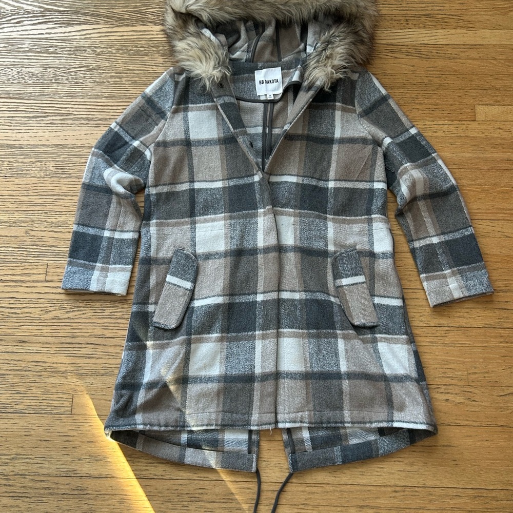 BB Dakota Plaid Hooded Coat in Gray & Brown